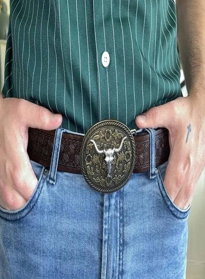Wojgzon Western Cowboy Cowgirl Belt for Men Women - Embossed PU Leather Longhorn Bull Buckle Country Belt for Jeans 31-35" waist - Image 4